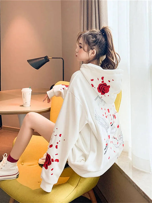 White Female Loose Sweatshirts Long Sleeve Cute Bird Print Harajuku Hoodie