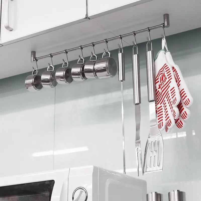 Kitchen Rail Rack Wall Mounted Utensil Hanging Rack Stainless Steel Hanger Hooks