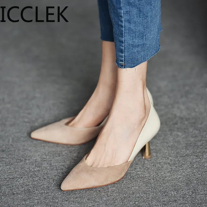 ICCLEK Women Dress Shoes Patchwork Pumps Pointed Toe Party Shoes Woman