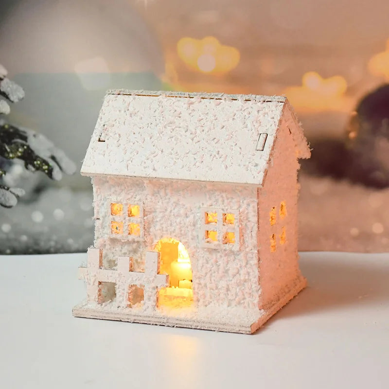 1pc Christmas Ornaments LED Lights Wooden House Luminous Cabin With Snow