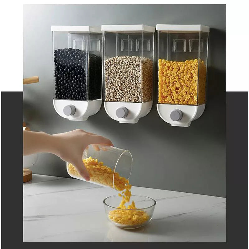 Wall Mounted Press Cereals Dispenser Grain Storage Box Dry Food Container