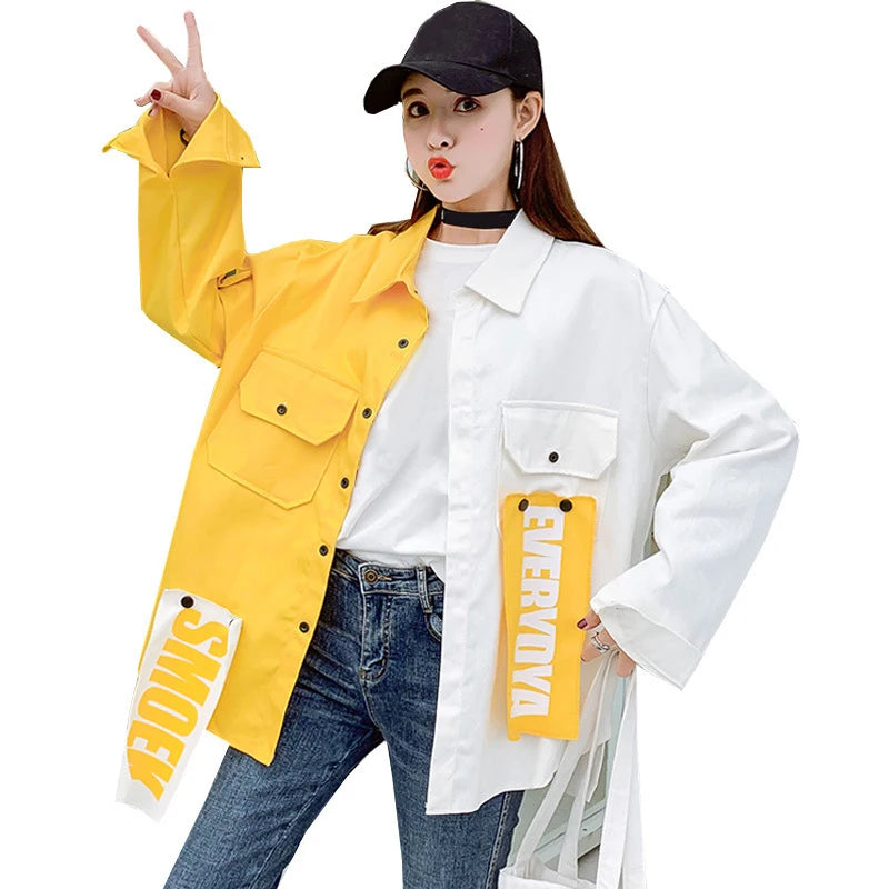 Plegie Harajuku Oversize Patchwork hooded Jacket Women Hip Hop Streetwear Loose