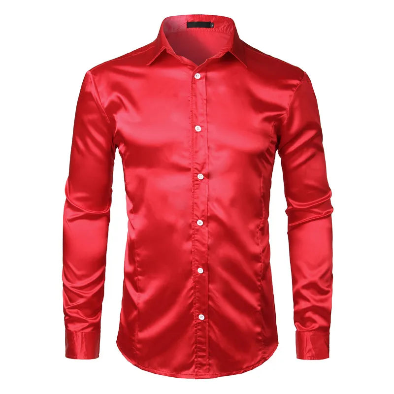 Men's Slim Fit Silk Satin Dress Shirts Wedding Groom Stage Prom Shirt