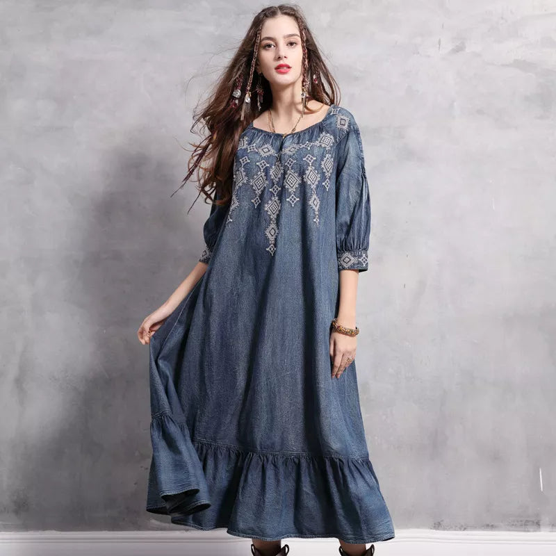 21New Women Denim Dresses Spring Autumn Vintage Embroidery