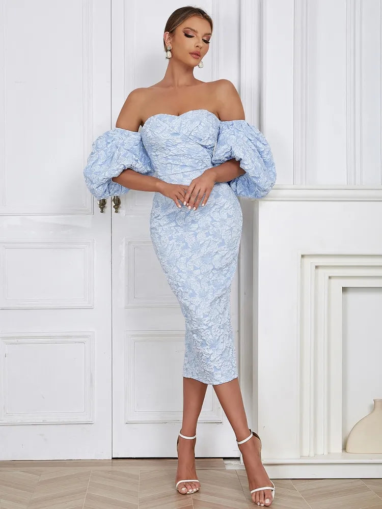 Sexy Puff Sleeve Flower Print Midi Slim Dress Women Sky Blue v Neck Floral