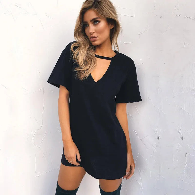 Summer Women Tshirt Mini Dress Choker V-Neck Dresses Short Sleeve