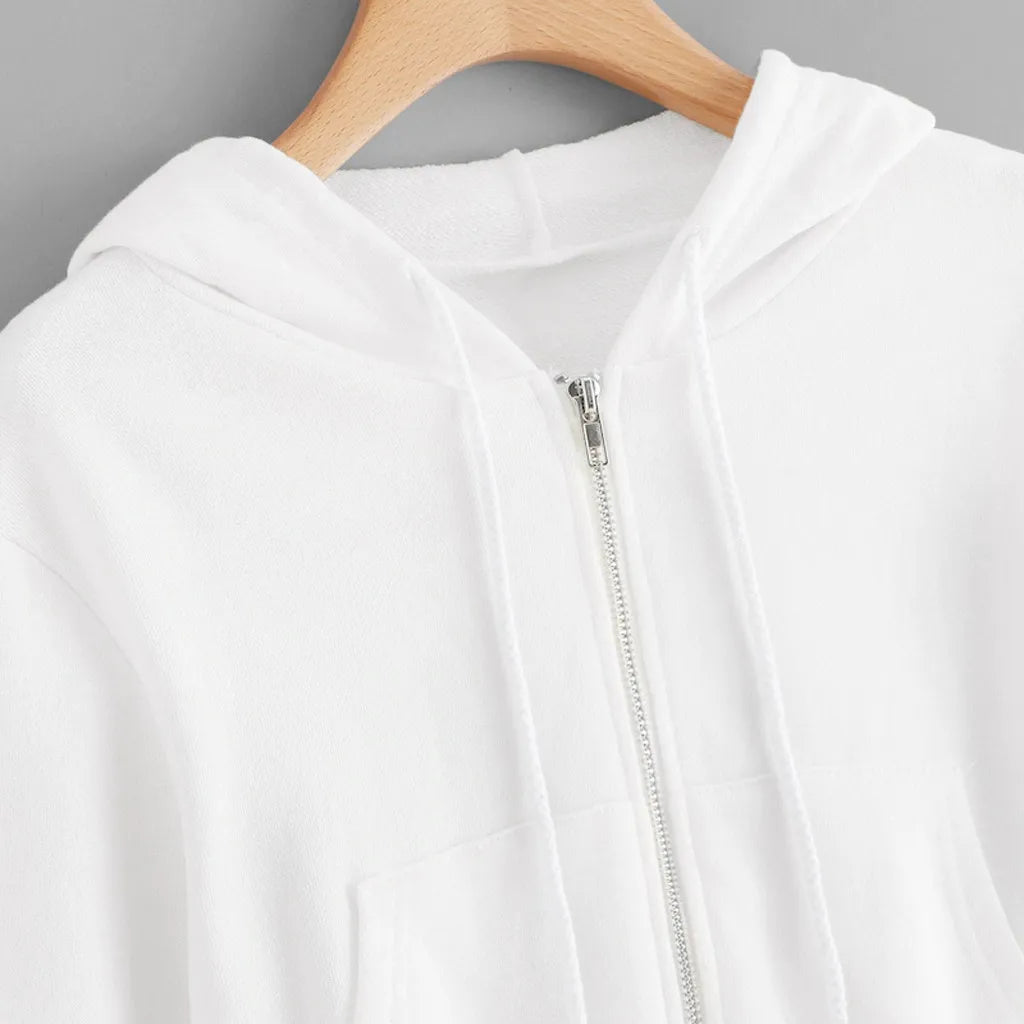 White Zip Up Hoodie Drawstring Long Sleeve pop Hooded Sweatshirt for Women