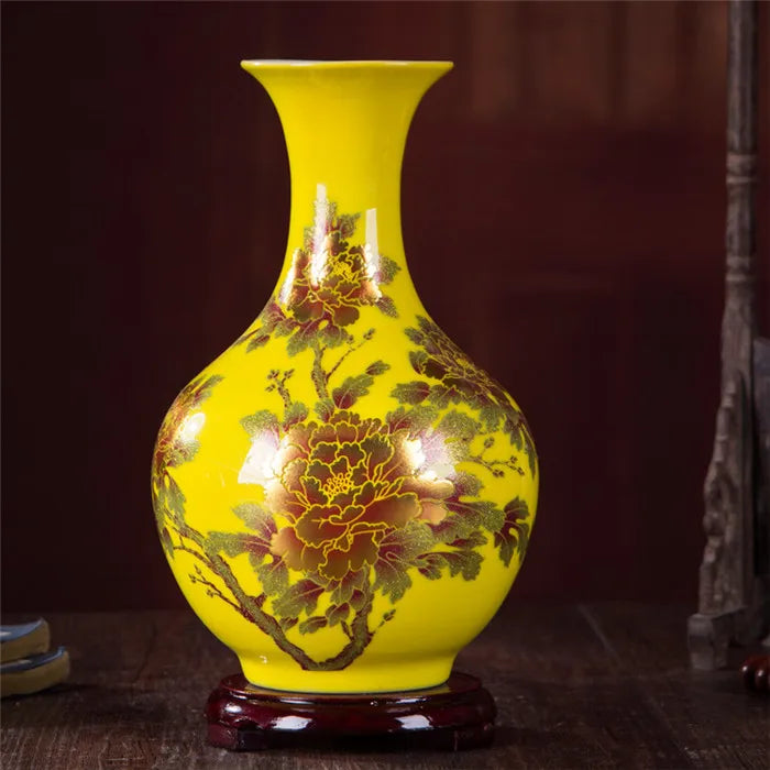 New Chinese Style Vase Jingdezhen Yellow Crystal Glaze Flower Vase Home Decor