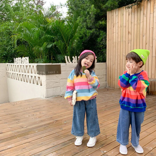 Baby Kids Hoodies Korean Autumn Sweatershirt Rainbow Striped