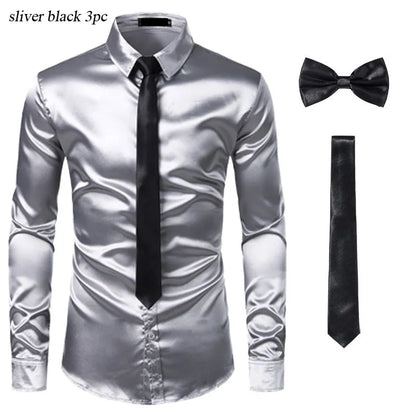 Black Mens Silk Dress Shirts 3Pcs(Shirt +Tie+Bowtie) Smooth Satin Shirt