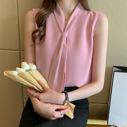 Women's Shirt Pink Ribbon Blouses for Women Sleeveless Summer Shirts Female