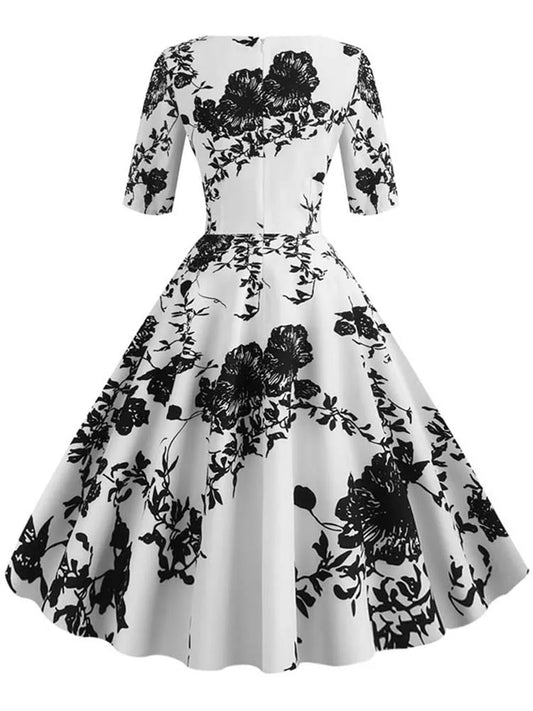 Half Sleeve Black Summer Women Dress Floral Print Vintage