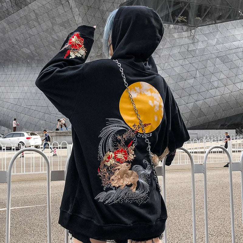 2023 Men Hip Hop Hoodie Sweatshirt Embroidered Floral Full Moon Rabbit Pullover