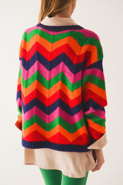 Crew Neck Striped Knit Sweater in Multi