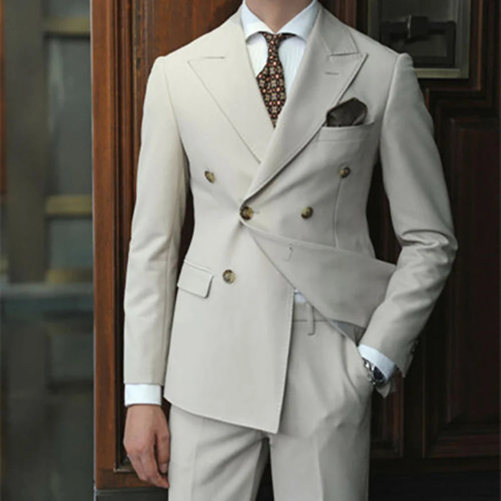 2024 Mens Suits Double Breasted Beige Suit for Man Peak Lapel