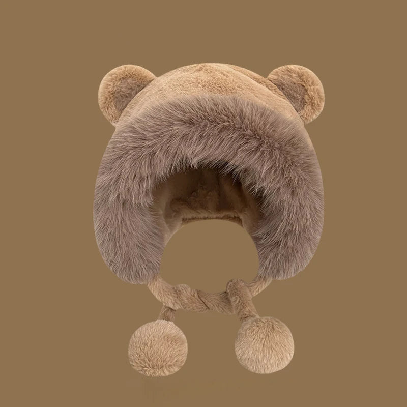 Winter Plush Ear Protection Hat Cartoon Bear Bomber Hats Ski Cycling