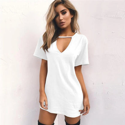 Summer Women Tshirt Mini Dress Choker V-Neck Dresses Short Sleeve