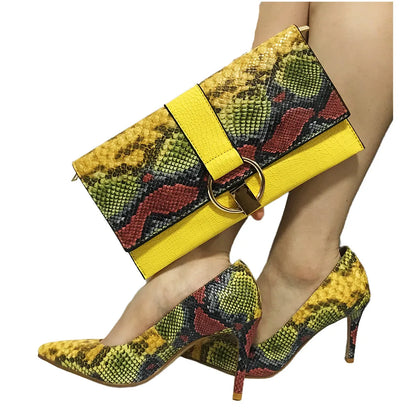 Yellow Shoes Snake Printed Leather With Women Bag Set ,Women Shoes Pumps