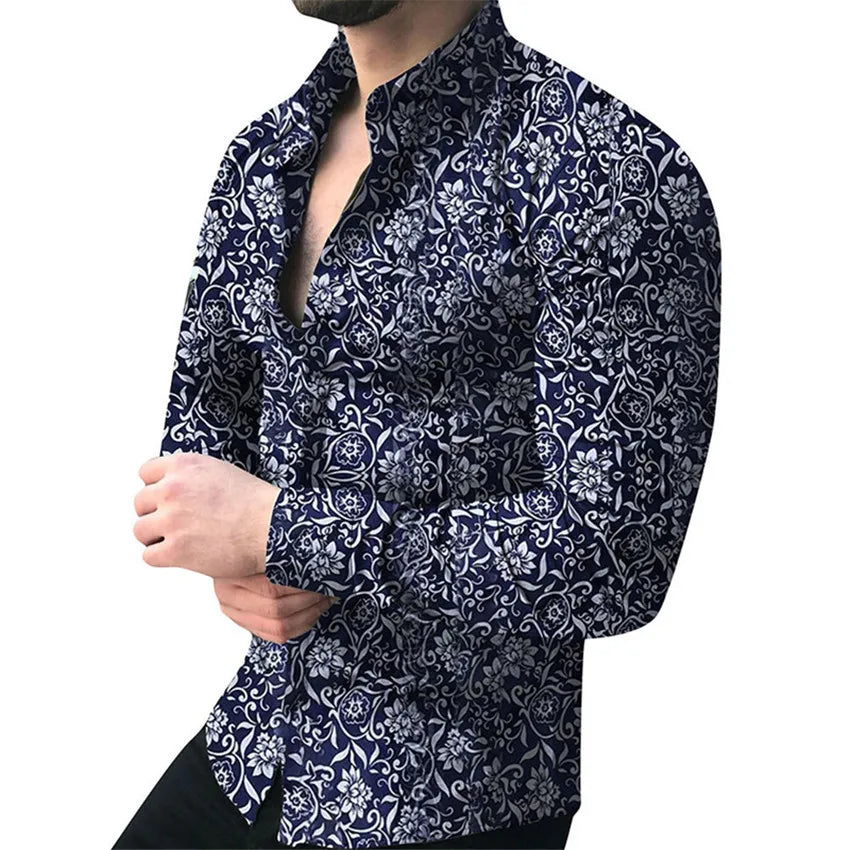 Fashion Men Shirt Long Sleeve Top 2021 Floral Male Blouse Casual Shirts