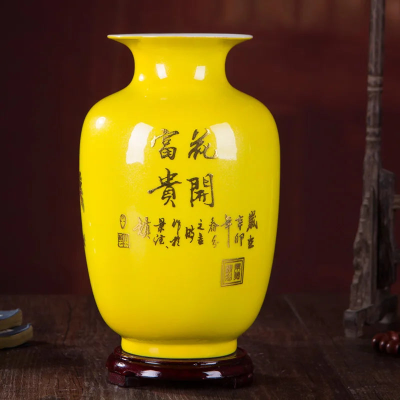 New Chinese Style Vase Jingdezhen Yellow Crystal Glaze Flower Vase Home Decor