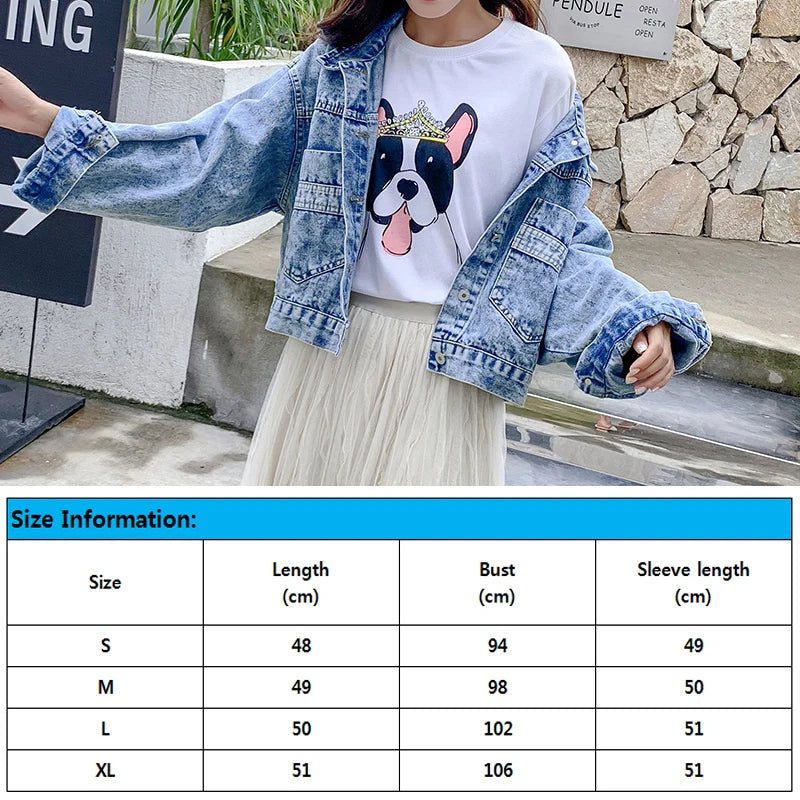 Women Denim Bomber Long Sleeve Jaqueta Tops Loose Vintage Jacket