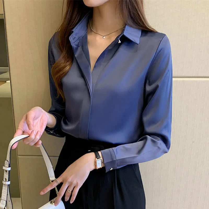 Satin Women's Shirt Long Sleeve Fashion Woman Blouse Female Shirts and Blouse