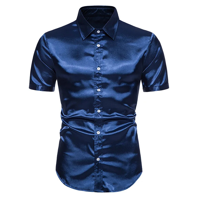 Men's Slim Fit Silk Satin Dress Shirts Wedding Groom Stage Prom Shirt