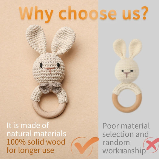 Let's Make 1Set Cute Elk Fox Baby Crochet Rattle Toys Sets Beech Wooden Teether