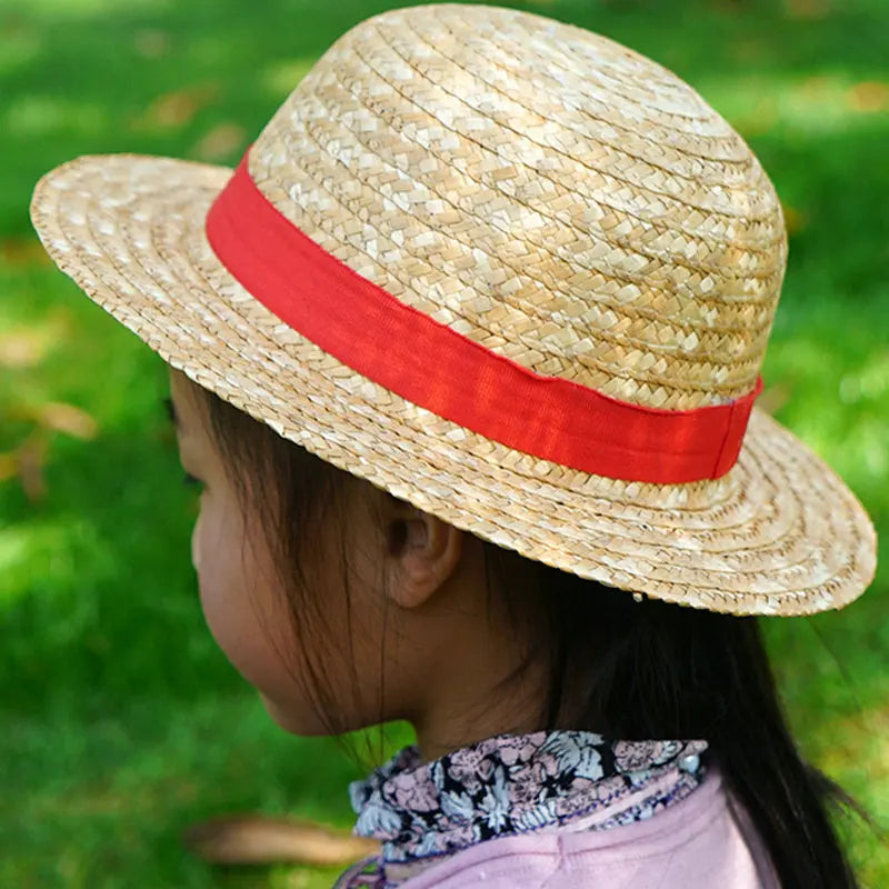 Boy Girl One Piece Cap Straw Hat Neck String Luffy Flat Hats