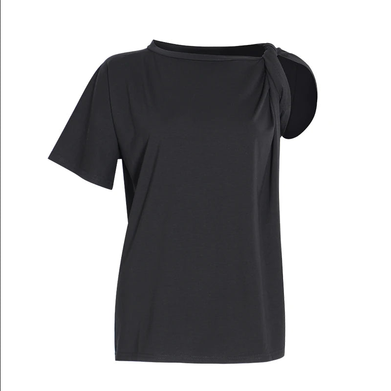 TWOTWINSTYLE Ruched Basic T Shirt for Women Short Sleeve Big Size Irregular