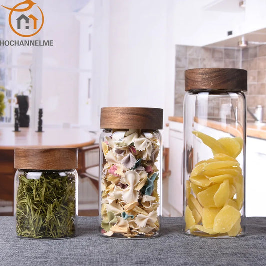 Storage Airtight Container Transparent Glass Jar Threaded Mouth Wooden Cover