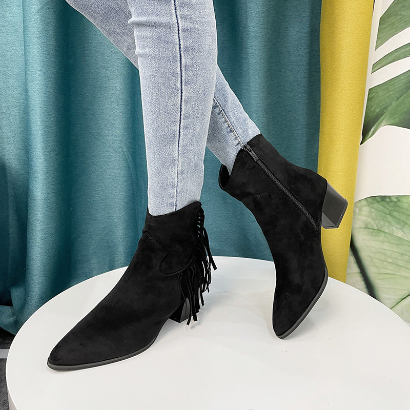 Factory Cheap High Quality Heel Boots Suede Women Ankle Boot Shoes Fringe Boots