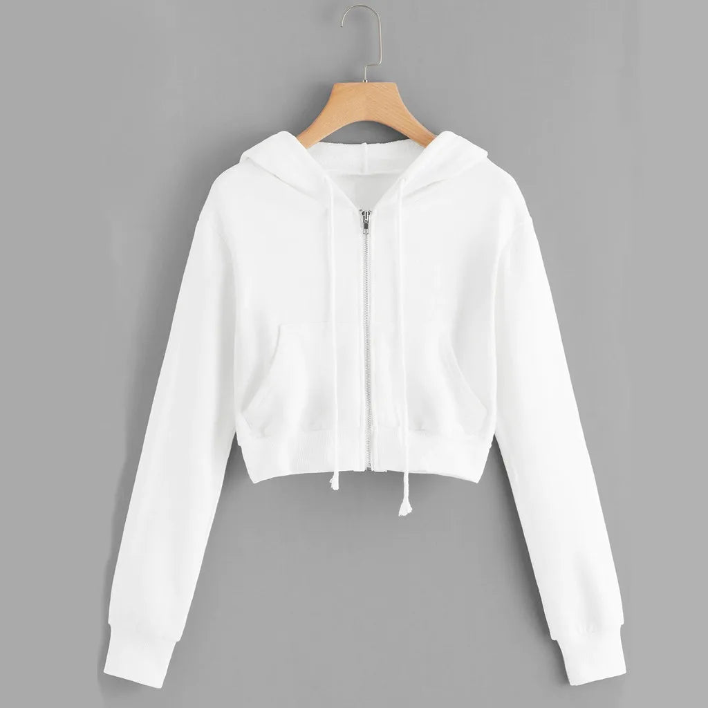 White Zip Up Hoodie Drawstring Long Sleeve pop Hooded Sweatshirt for Women