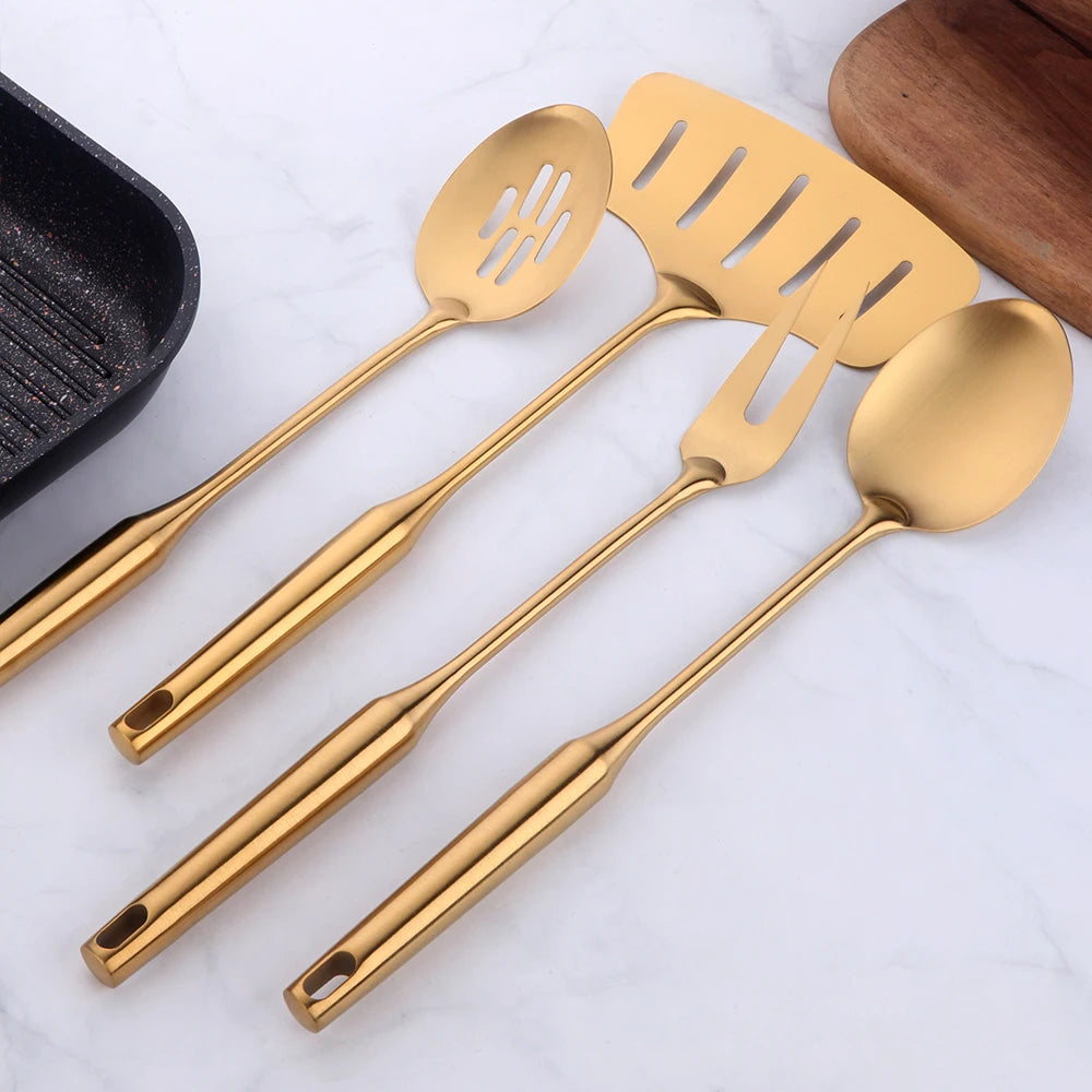 1-10pcs Stainless Steel CookwarLong Handle Set Gold Cooking Utensils Scoop Spoon