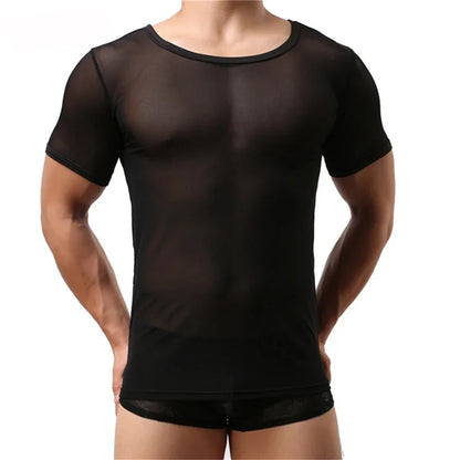 Sexy Men Undershirts Transparent Sheer Short Sleeve T Shirt Sports Fitness