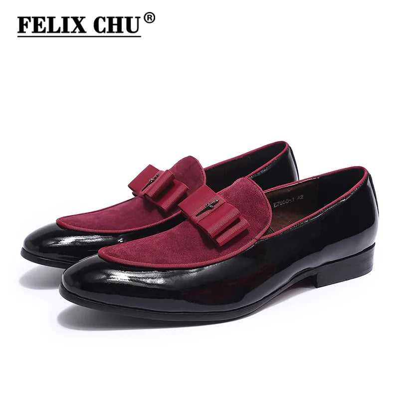 Handmade Mens Loafer Shoes Genuine Patent Leather Suede Patchwork With Bow