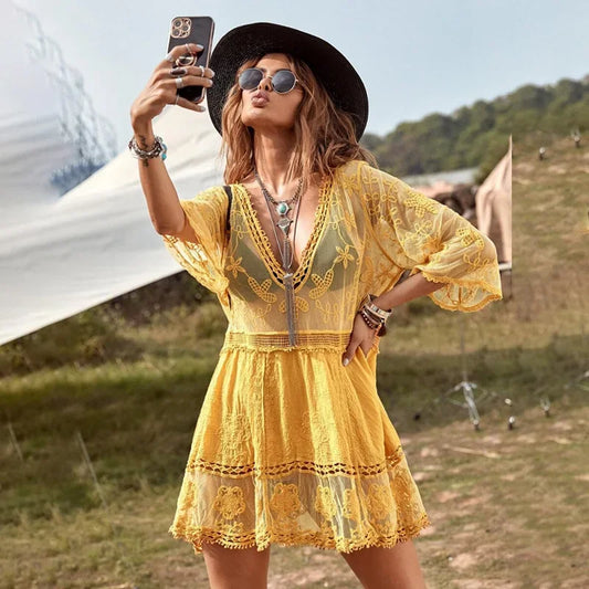 Boho Inspired 2023 Bikini Cover-Ups Tunic Sexy V-Neck Half Sleeve Summer