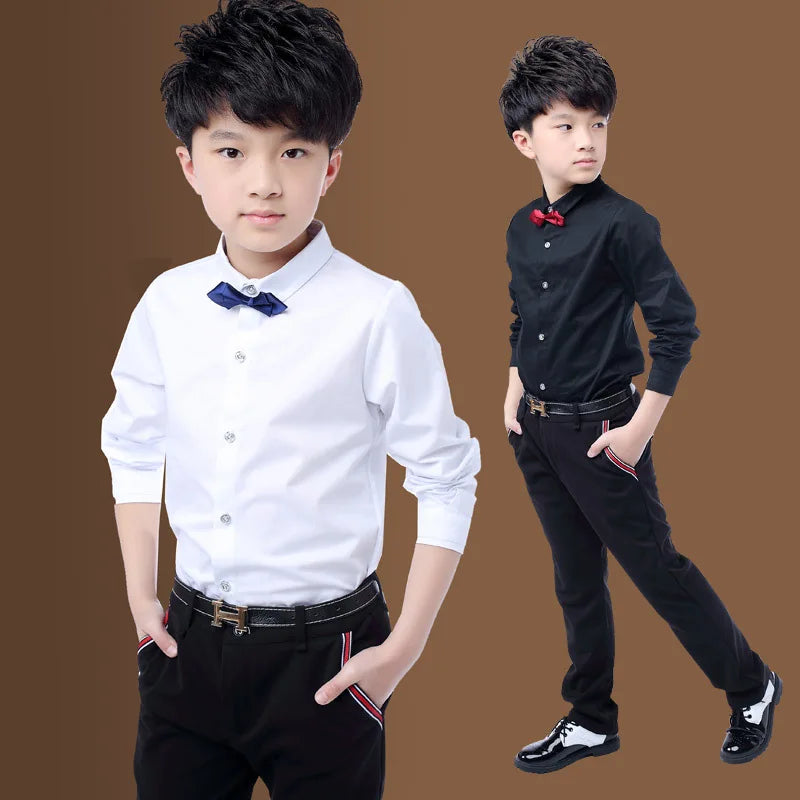 New Children Boys Shirts Cotton Solid Black&White Shirt With Tie Boys for 3-15