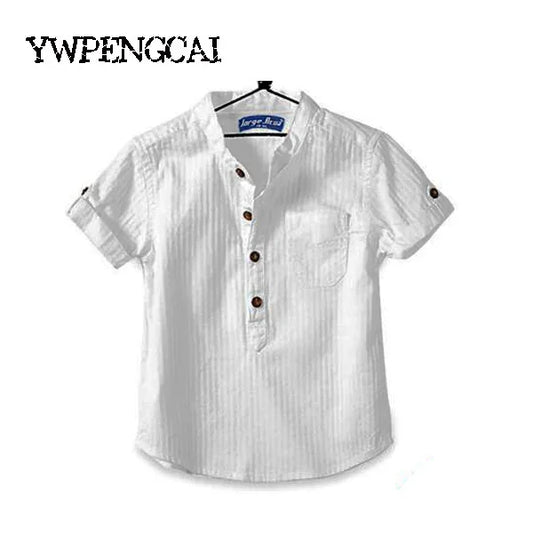 Fashion 2021 Summer Boys Shirts Stand Collar Children Cotton White Shirts