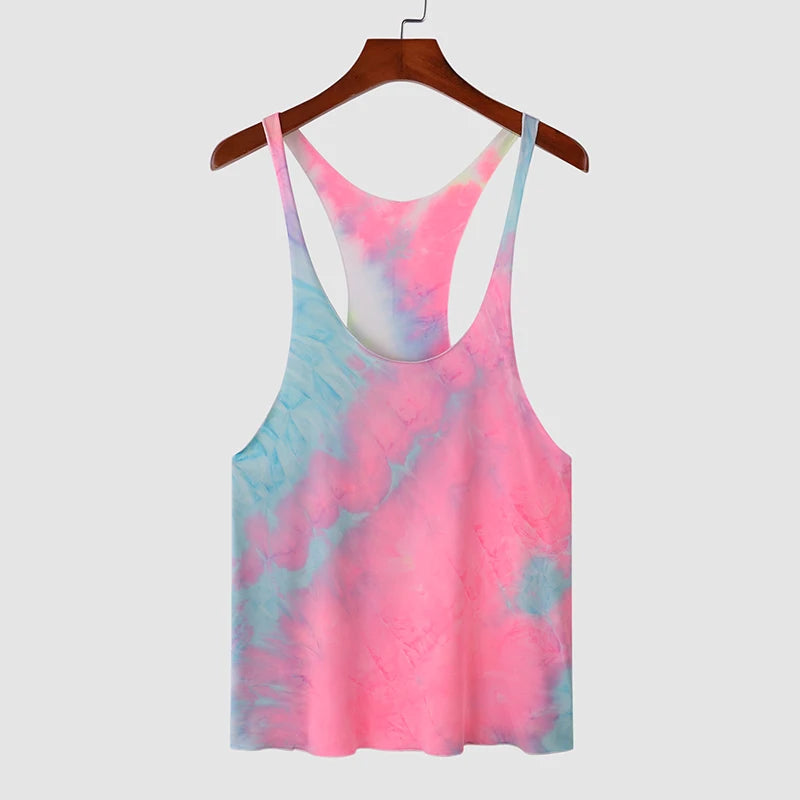 Men Tank Tops Tie Dye O-Neck Sleeveless Streetwear Vests Sexy Breathable