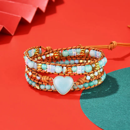 Heart Amazonite Bracelet Natural Stone Leather Wrap Bracelets Gemstones