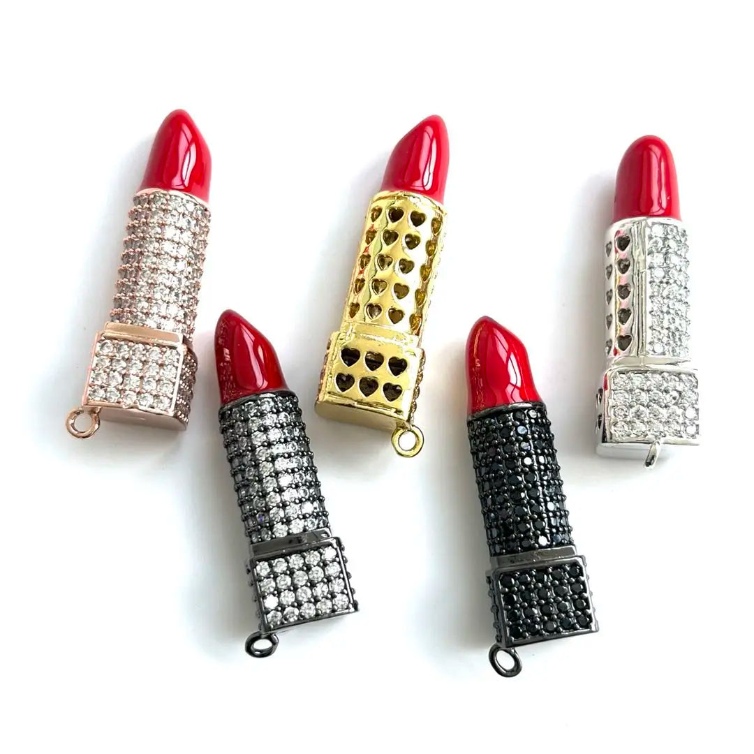 5Pcs Cubic Zirconia Pave Red Lipstick Pendant Charms for Women