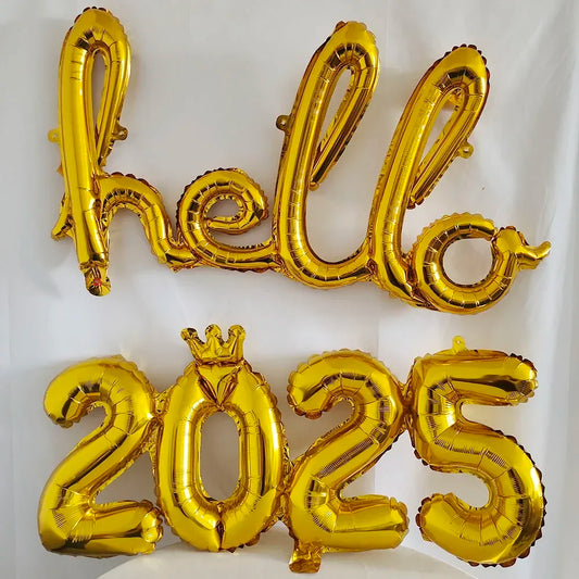 Gold Silver Conjoined Hello 2025 Letter Number Balloon 2025 Happy New Year