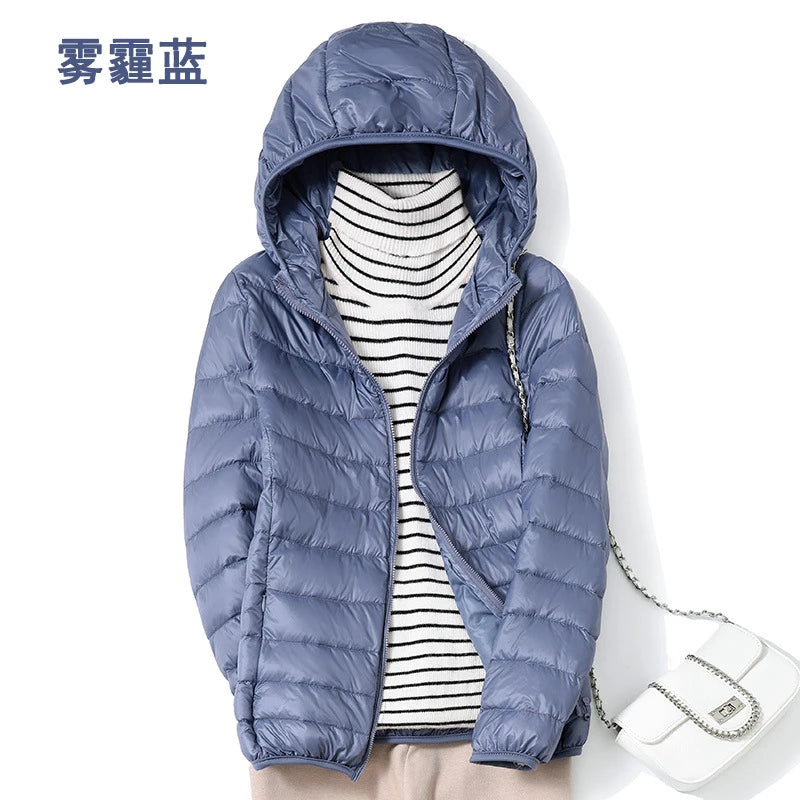 Women's Hooded Down Jacket Lightweight Short Slim White Duck Down Ladies' Jacket