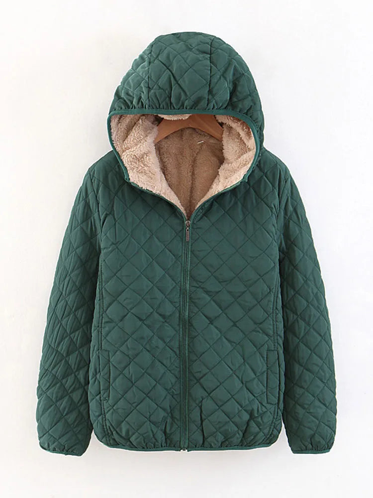 Women Autumn Winter Parkas Coat Jackets Female Lamb Hooded Plaid Long