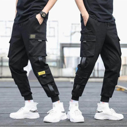 New Hip Hop Joggers Cargo Pants Men Harem Pants Multi-Pocket Ribbons