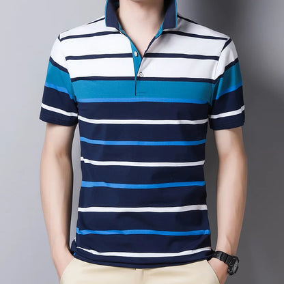 ANSZKTN Summer Men's Stripes  Lapel Short Sleeve T-Shirt Polo Men Shirt