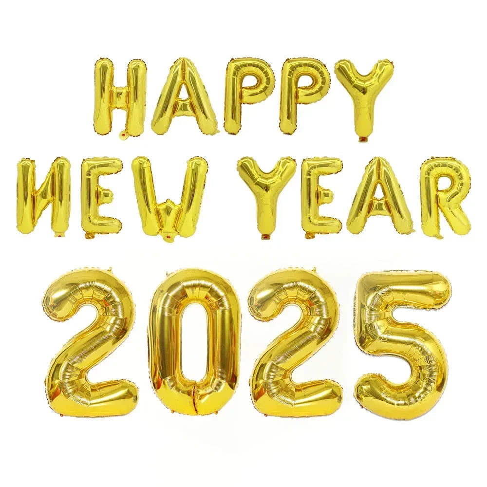 2025 Happy New Year Balloons Banner Rose Gold Number Letter Aluminum Foil