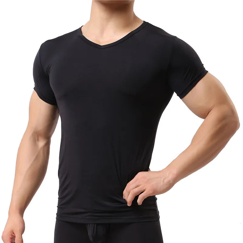 Man Undershirt Ice Silk Spandex Sheer T Shirts Male Nylon V-Neck Short Sleeves