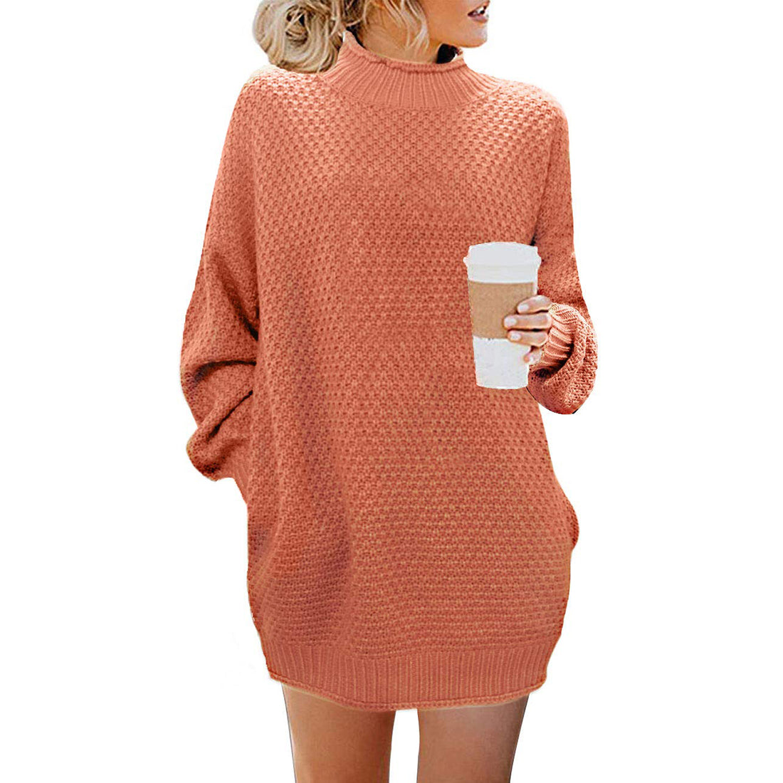 Women Turtleneck Long Sleeve Casual Loose Knit Pocket Dress